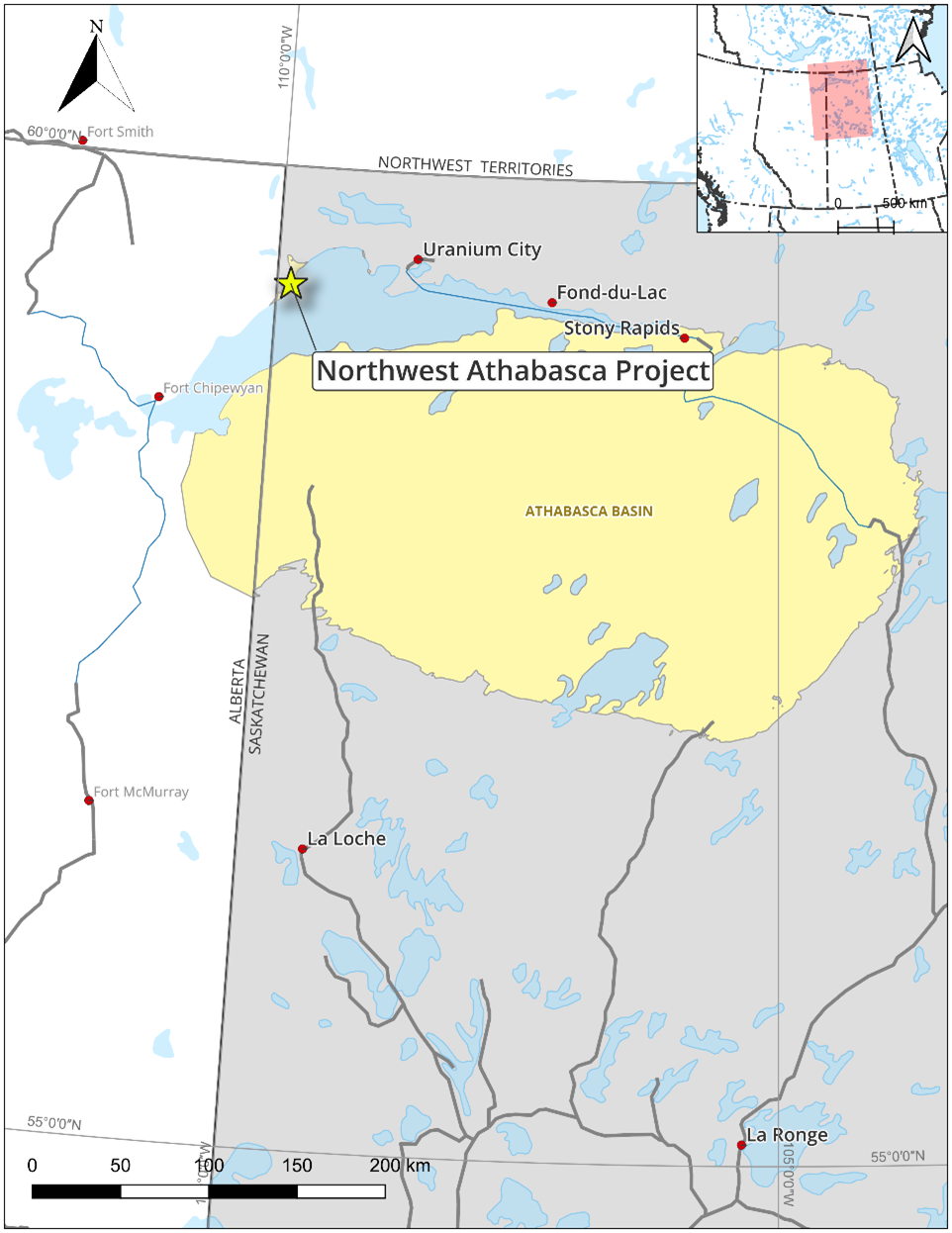 Location of the Northwest Athabasca Project along Lake Athabasca in northwestern Saskatchewan. The closest communities are Uranium City, Fond du Lac and Fort Chipewyan. The western margin of the property is located along the Alberta – Saskatchewan Border.