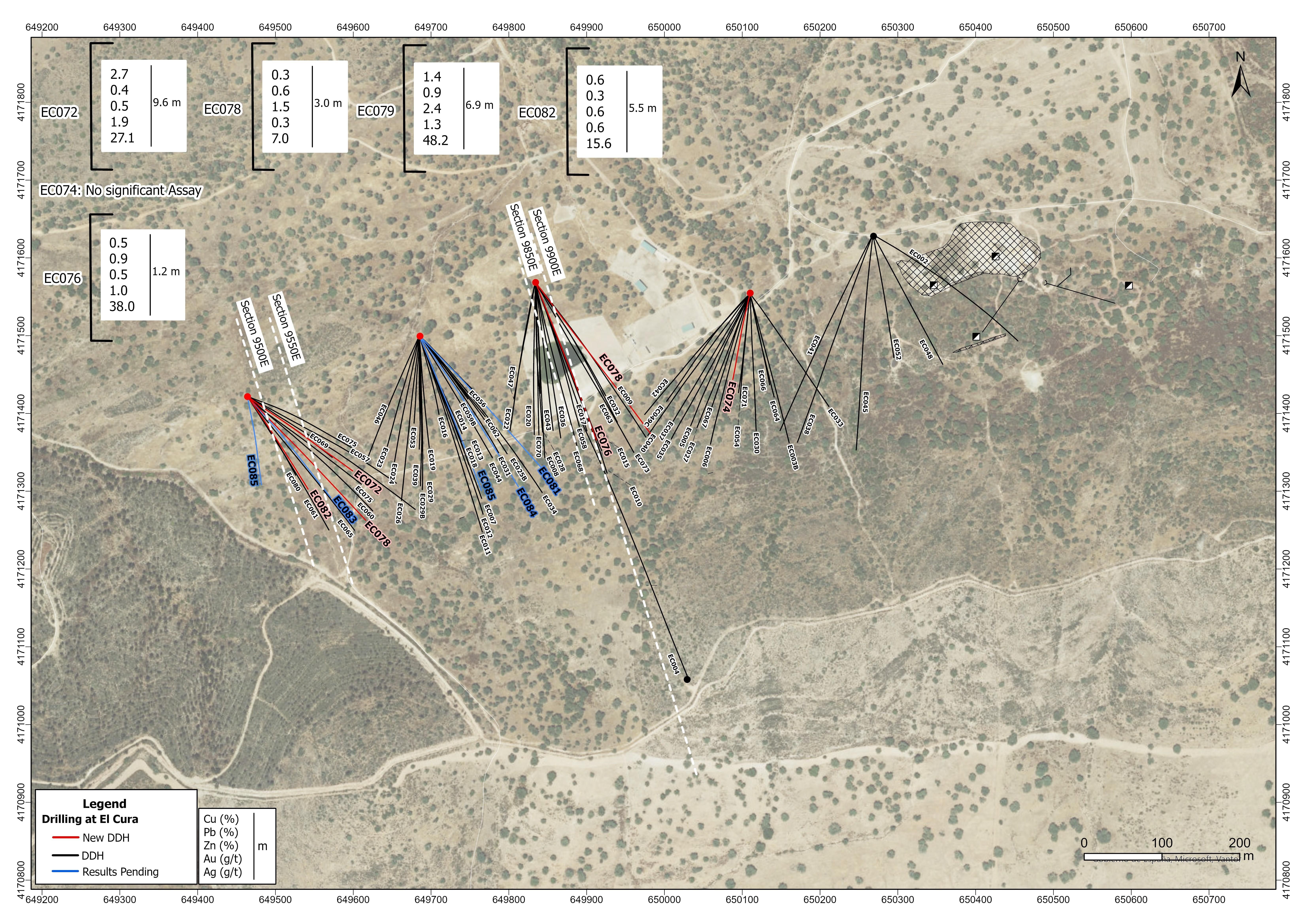 Plan view map showing drill hole traces of El Cura drilling. Hole traces in this NR colored red.